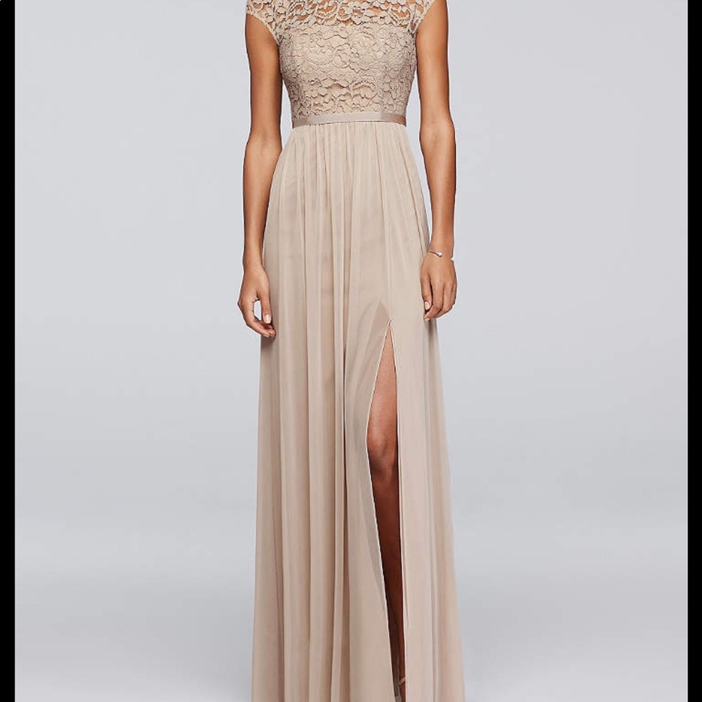 Long Bridesmaid Dress with Lace Bodice. Biscotti.